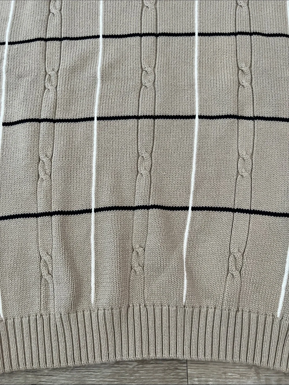Vintage Haggar Beige Crewneck Cable-Knit Windowpane Sweater 100% Cotton Size M